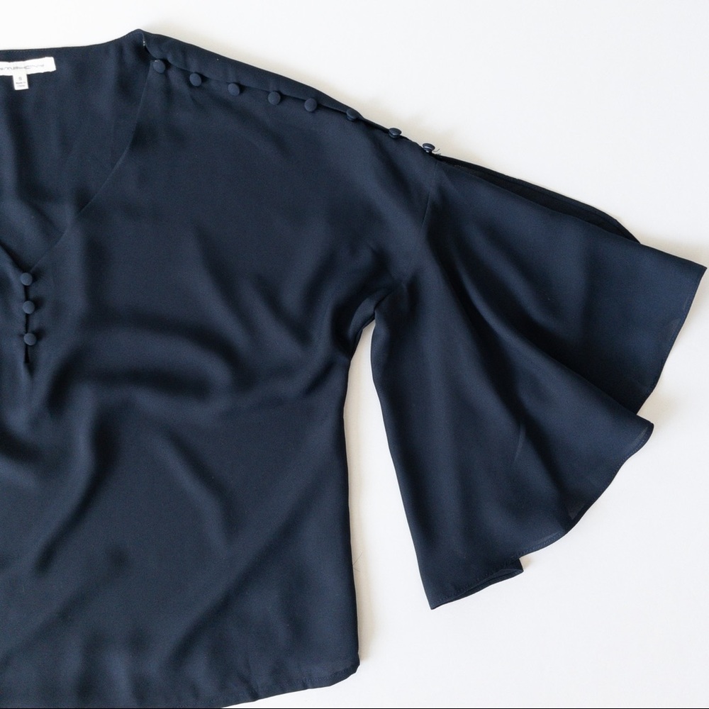 Symphony Navy Blue Button Shoulder Bell Sleeves Top, NWOT, Size S